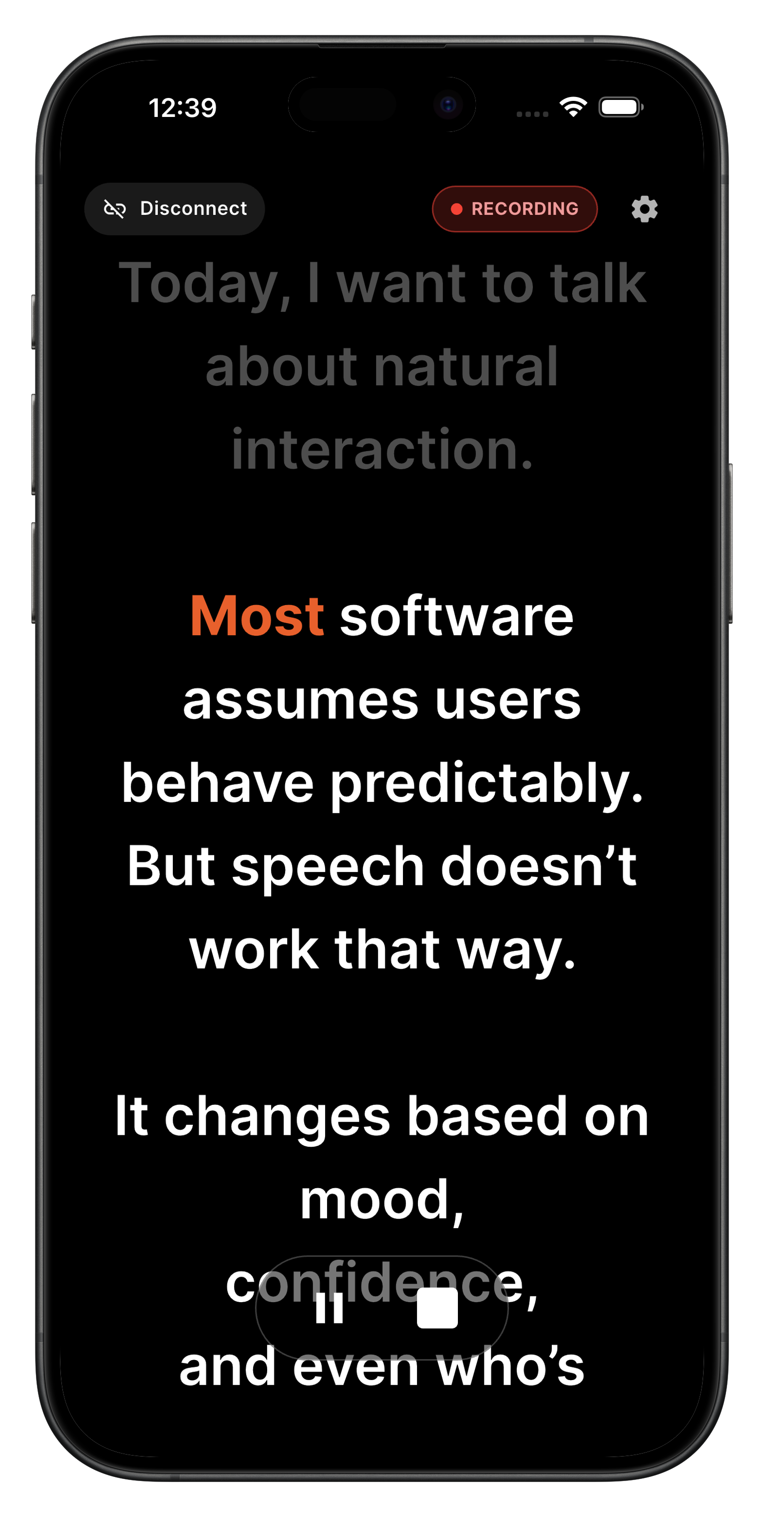 Voice Sync AI prompt display mode showing full-screen script