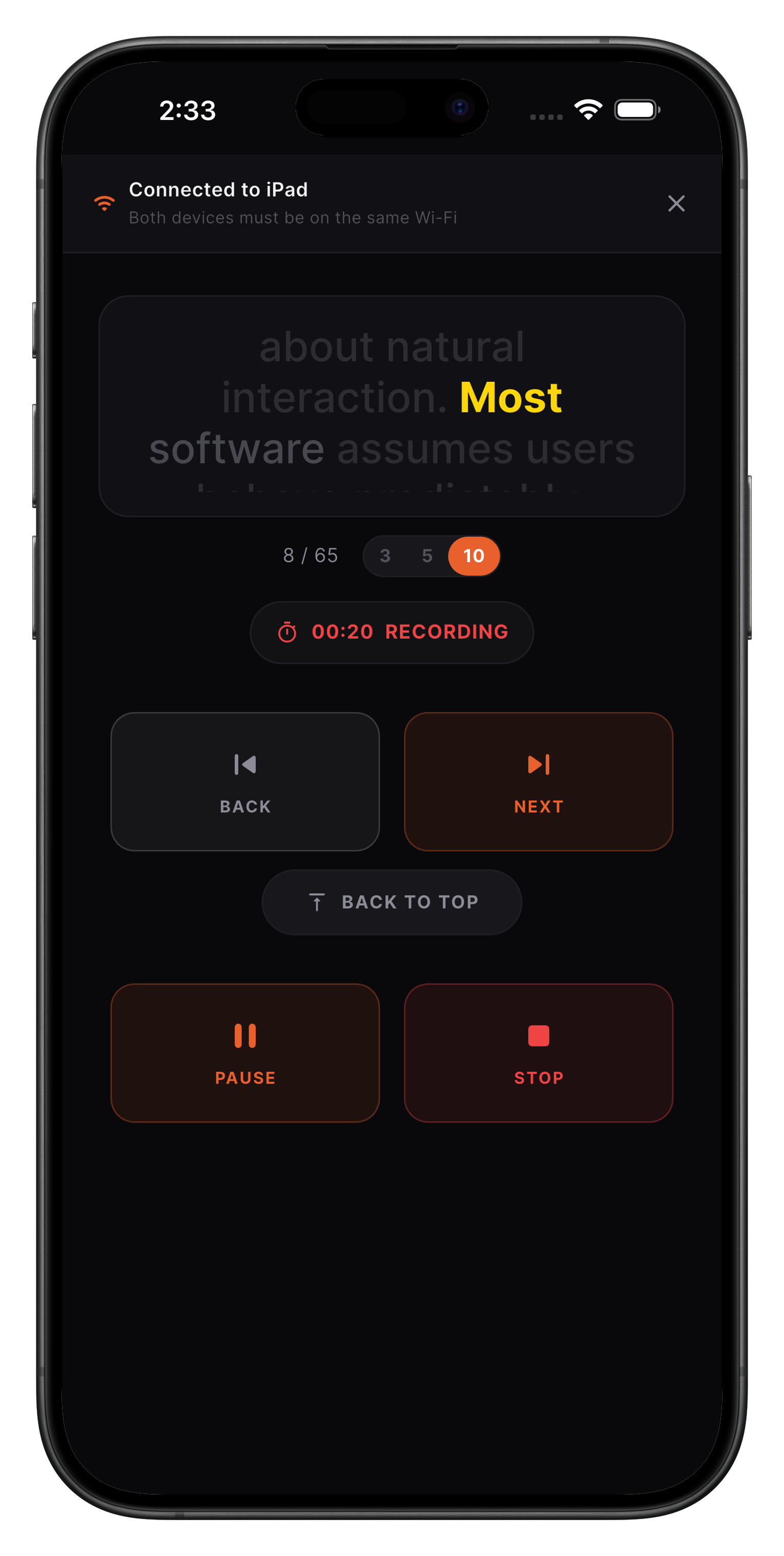 Voice Sync AI remote controller with back, next, pause, and stop buttons